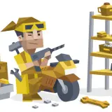 Mechanik ISTP z narzędziami przy motocyklu, w garażu pełnym sprzętu i części.