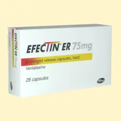 Opakowanie leku Efectin ER 75mg zawierające 28 kapsułek o przedłużonym uwalnianiu z wenlafaksyną.