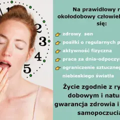 Kobieta ziewa, a wokół jej głowy widnieje zegar. Obraz podkreśla znaczenie rytmu okołodobowego dla zdrowia.