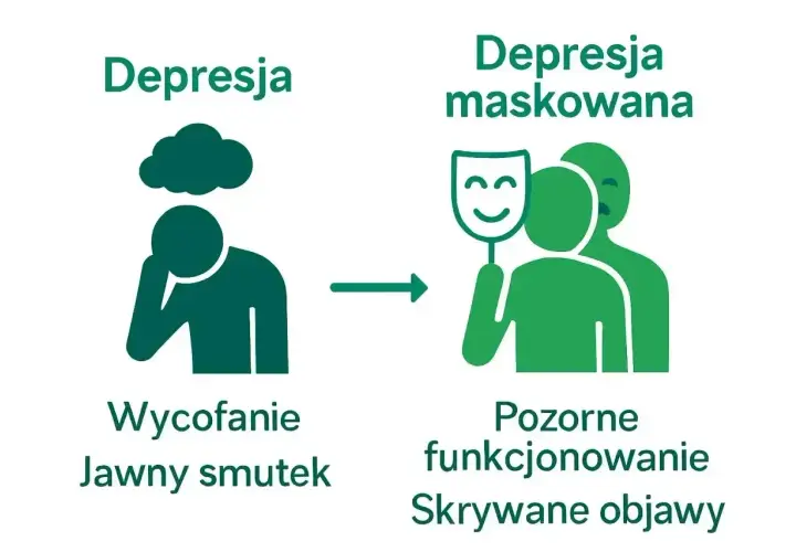 Ilustracja pokazuje przejście od jawnego smutku do pozornego funkcjonowania, gdzie depresja maskowana ukrywa prawdziwe emocje za uśmiechniętą maską.