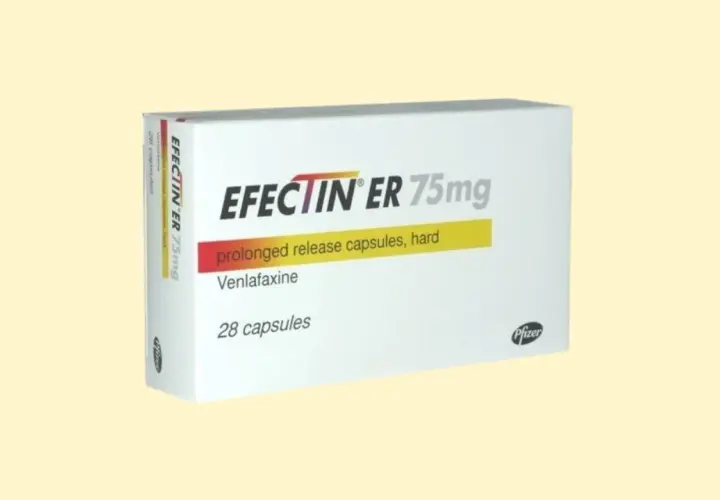 Opakowanie leku Efectin ER 75mg zawierające 28 kapsułek o przedłużonym uwalnianiu z wenlafaksyną.