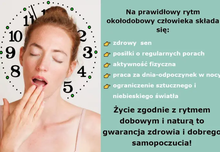 Kobieta ziewa, a wokół jej głowy widnieje zegar. Obraz podkreśla znaczenie rytmu okołodobowego dla zdrowia.