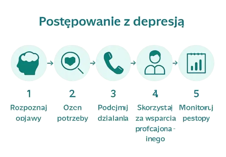 Pięć kroków w walce z depresją: rozpoznaj objawy, oceń potrzeby, podejmij działania, szukaj wsparcia, monitoruj postępy. Pokonaj apatię.