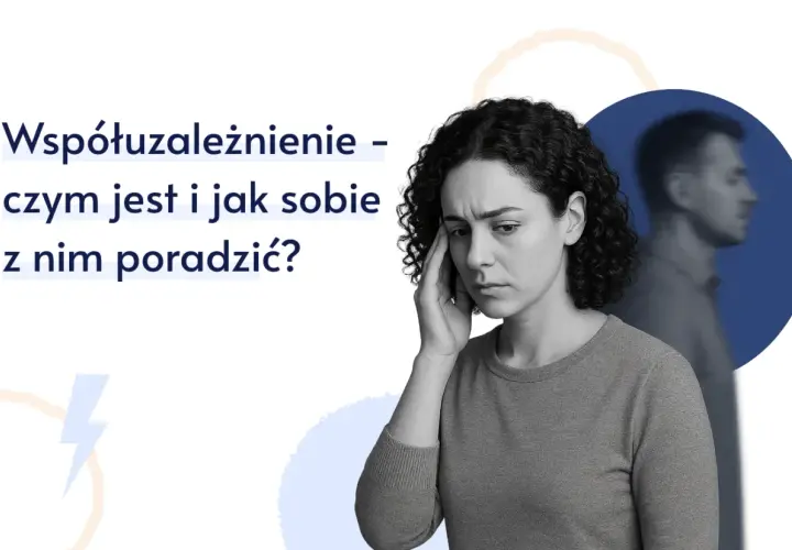 Kobieta z ręką na skroni, zmagająca się z problemem współuzależnienia. Obok niej sylwetka mężczyzny, symbolizująca trudne relacje.