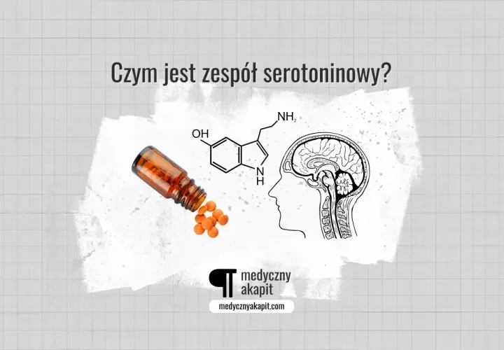Pigułki wypadające z buteleczki, wzór chemiczny serotoniny i przekrój mózgu. Czy to wszystko związane z zespołem serotoninowym?