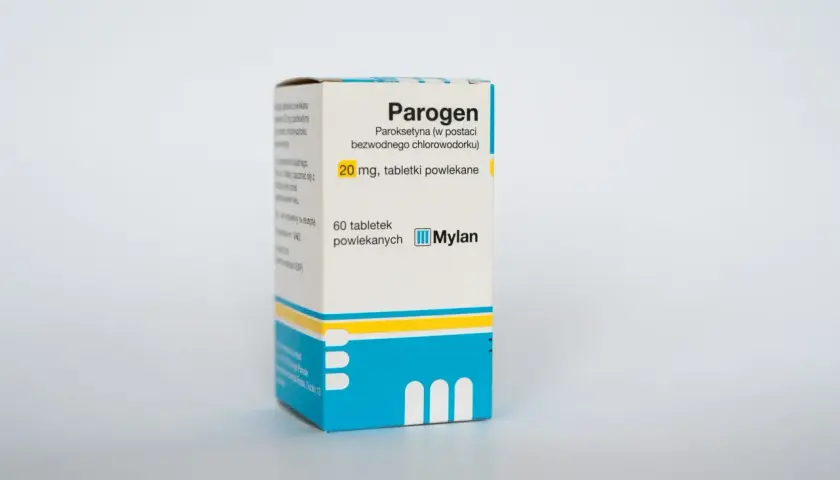 Opakowanie leku Parogen, zawierającego paroksetynę 20 mg, 60 tabletek powlekanych, firmy Mylan.